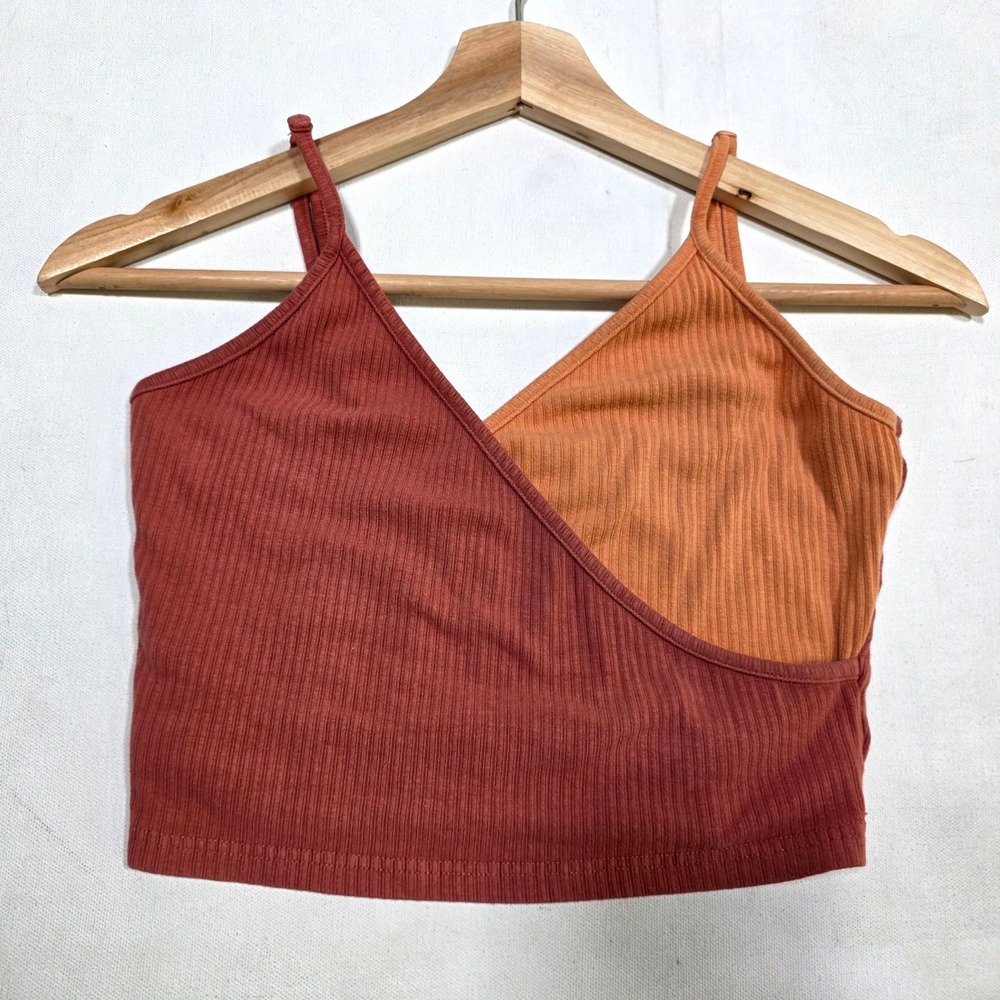 Cami Tank Top Womens Medium Rust Orange Ribbed Wrap Front Crop Top
